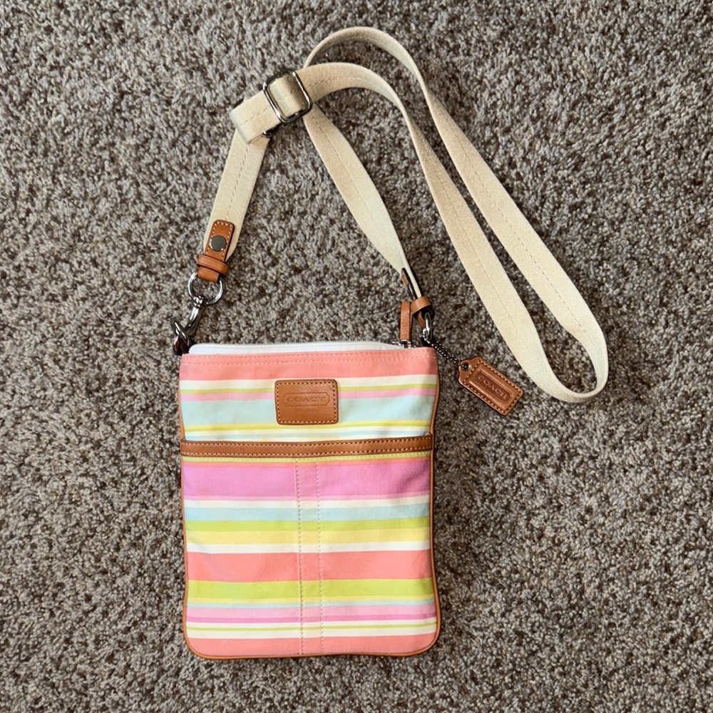 💗🧡Coach Pink and Orange striped Crossbody Bag with Adjustable Strap
